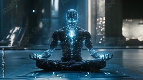 The cyborg sits cross-legged in the intermediary position, and energy discharges emanate from him