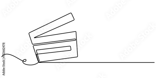 Film clapper in one line drawing. Minimalist entertainment concept, One continuous line drawing of clapper board. Action movie scene and retro video production concept in simple linear style. Outline.