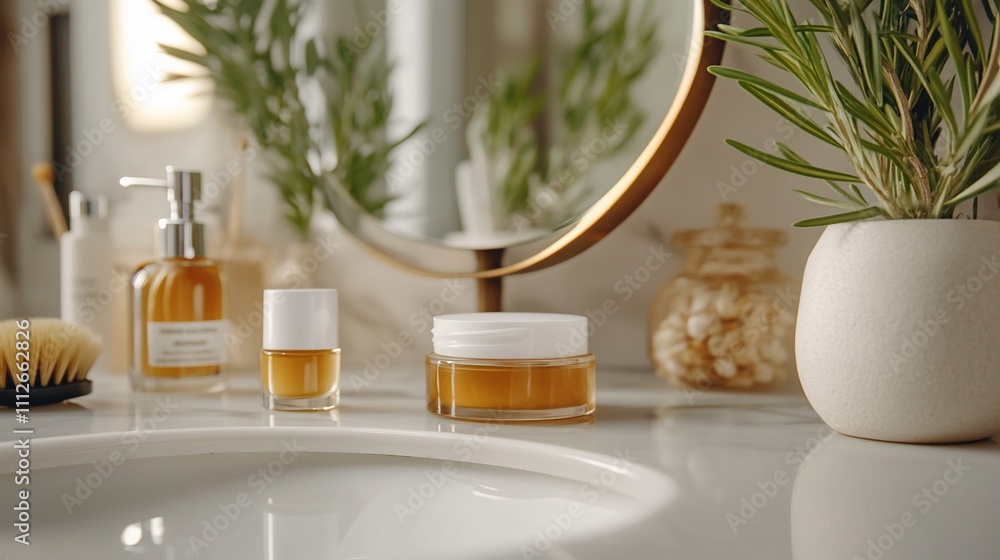 Luxury bathroom vanity with skincare products, rosemary, and a round mirror. Luxury bathroom vanity with skincare products, rosemary, and a round mirror.
