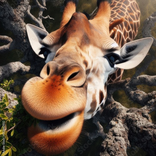 Close up of a giraffe's face eating from a tree photo