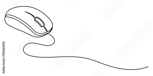 Continuous single line drawing of computer mouse icon. Vector illustration, Continuous line drawing. Computer mouse sign. Hand drawn illustration with black line on white background. Vector symbol. 