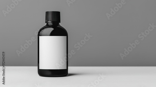 Minimalist Monochrome Spray Bottles. A sleek, black bottle with a blank label stands on a clean surface against a minimalist gray background.