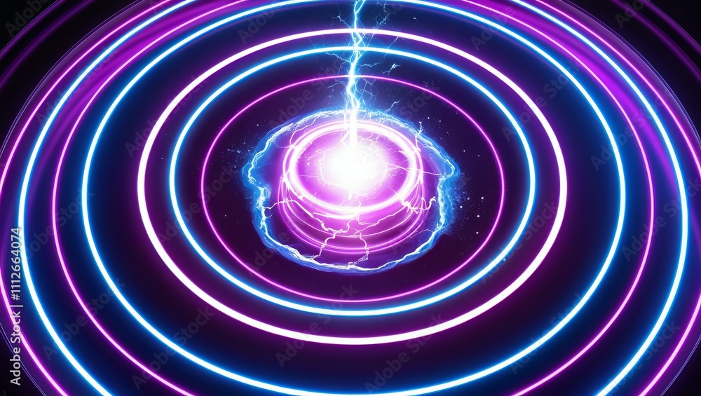 An abstract depiction of a glowing energy core, surrounded by concentric rings of neon light in vibrant blue and purple An abstract depiction of a glowing energy core, surrounded by concentric rings of neon light in vibrant blue and purple