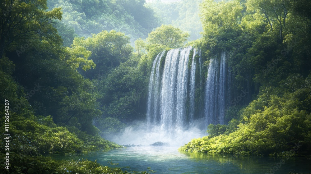 Serene waterfall cascading into a lush green forested landscape. Serene waterfall cascading into a lush green forested landscape.