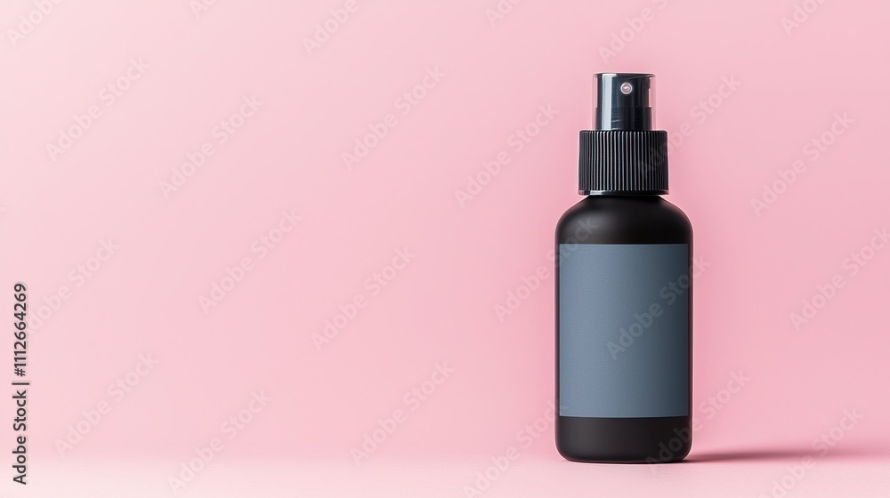 Minimalist Monochrome Spray Bottles. A sleek black spray bottle with a blank label, set against a soft pink background, ideal for cosmetic or skincare products.