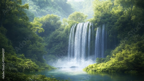 Serene waterfall cascading into a lush green forested landscape.