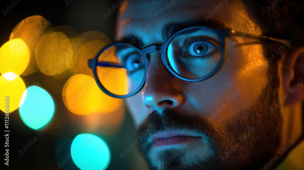 focused man with glasses gazes thoughtfully at colorful lights focused man with glasses gazes thoughtfully at colorful lights