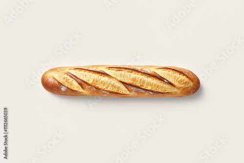 Freshly baked baguette on light background, showcasing its golden crust and unique texture. Perfect for culinary presentations or food related projects photo