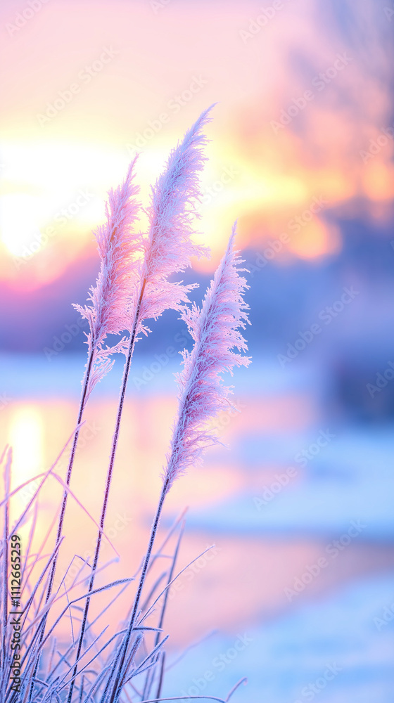 Obraz premium Marsh grasses covered with frost highlighted by the rising sun.
