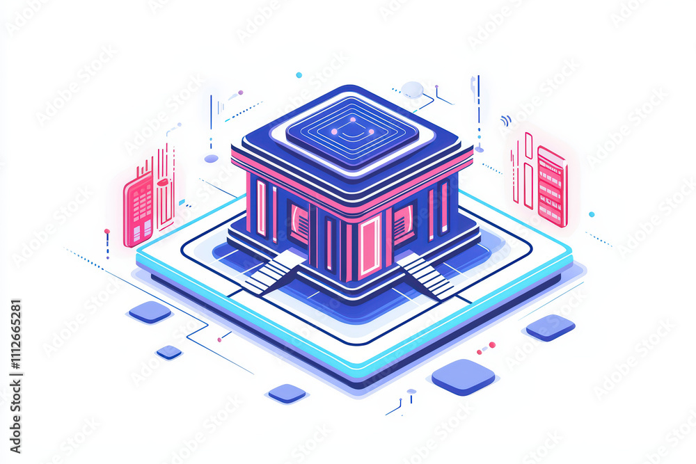 Obraz premium Futuristic digital building with vibrant colors and geometric shapes, showcasing advanced architecture and technology. Ideal for modern design concepts
