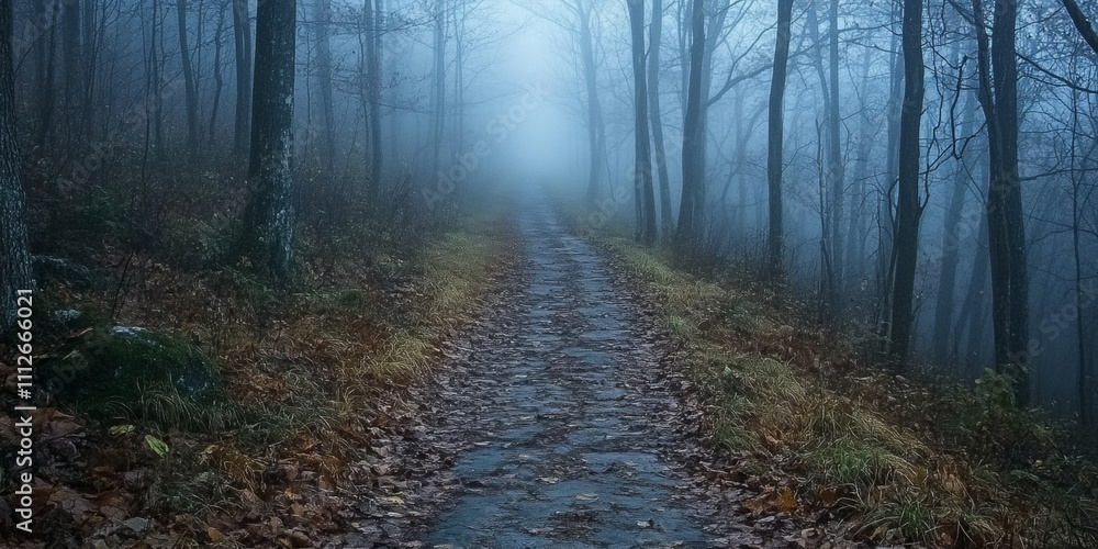 Fototapeta premium Haunted forest path, ethereal silhouettes emerge from dense mist, eerie atmosphere envelops the scene, unsettling yet captivating ambiance