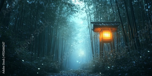 Wallpaper Mural Enchanted Shrine in Bamboo Grove, a mystical sanctuary illuminated gently amidst shadowy bamboo, blending serene beauty with anime-inspired artistry Torontodigital.ca