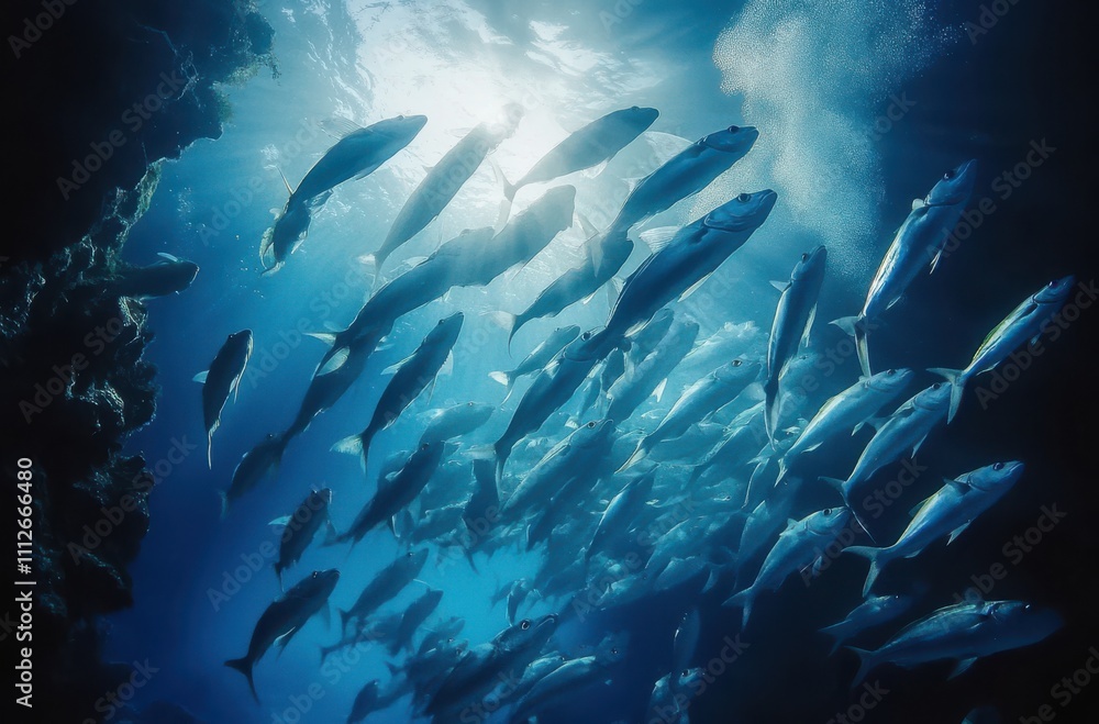 Obraz premium School of fish swimming gracefully through a serene underwater environment, sunlight penetrating the blue ocean depths, creating an enchanting aquatic scene.