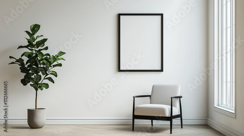 Minimalist interior room with a cozy chair, potted plant, and empty picture frame on a white wall, illuminated by natural light.