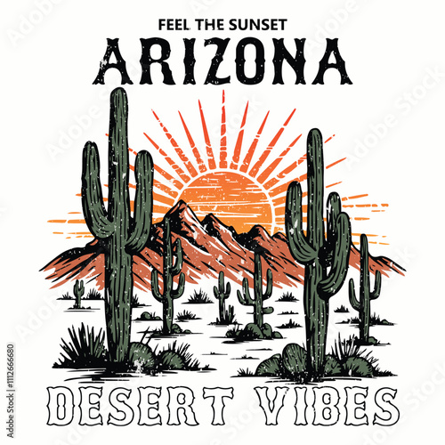 Arizona desert vibes graphic print for fashion and others. Arizona Street Fashion varsity slogan typography for t-shirt. Varsity slogan print tee shirt, Vintage Retro apparel print. Vintage graphics
