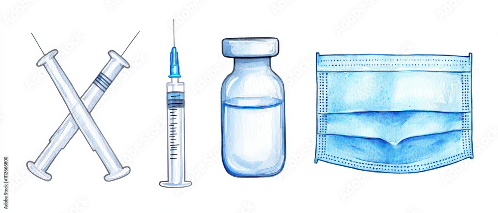 Medical supplies including syringes, vials, and masks are essential for healthcare. This illustration highlights their importance in maintaining health and safety Medical supplies including syringes, vials, and masks are essential for healthcare. This illustration highlights their importance in maintaining health and safety