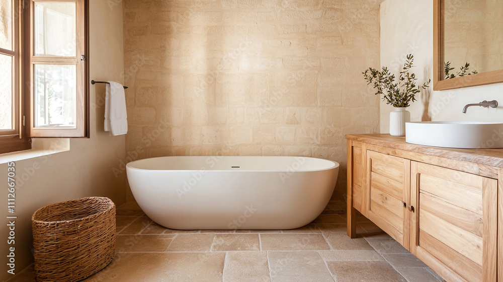 Modern bathroom interior with freestanding tub and wooden decor. Natural lighting creates a relaxing and spa-like atmosphere.