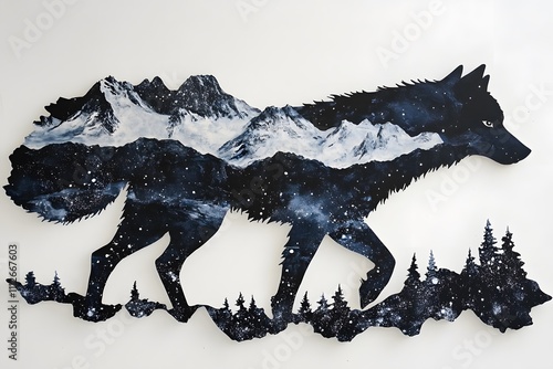 Stunning Artistic Representation of a Wolf Silhouette Intertwined with Majestic Mountains and Starry Night Sky for Nature and Wildlife Lovers photo