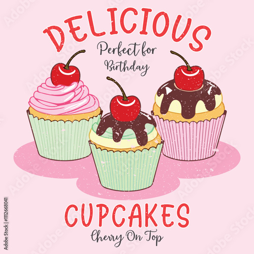 cherry cupcake illustration with the words "seaside patisserie". a graphic that can be used for a t shirt.