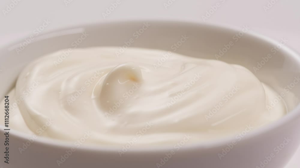 Pouring mayo white creamy sauce close-up in cafe restaurant. Cooking fast food fries with mayonaise sauce. Fast and junk food concept.