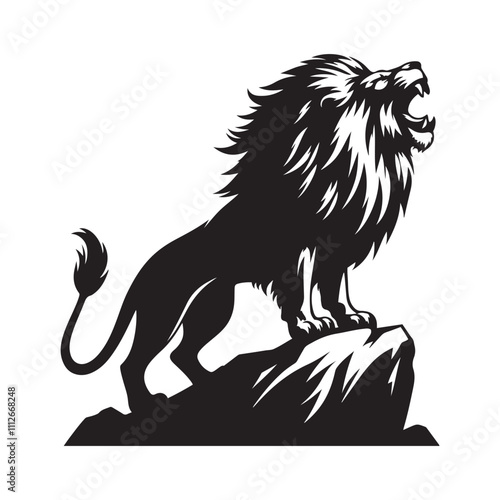 Lion roaring on a rock silhouette vector art black color design and solid white background photo