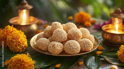 Indian sesame and jaggery sweets tilgul on brass plate, marigold flowers and diyas. Makar Sankranti photo