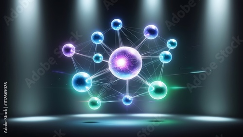 Wallpaper Mural An abstract quantum network with interconnected glowing spheres and energy lines, suspended in a dark space with soft gradient lighting Torontodigital.ca