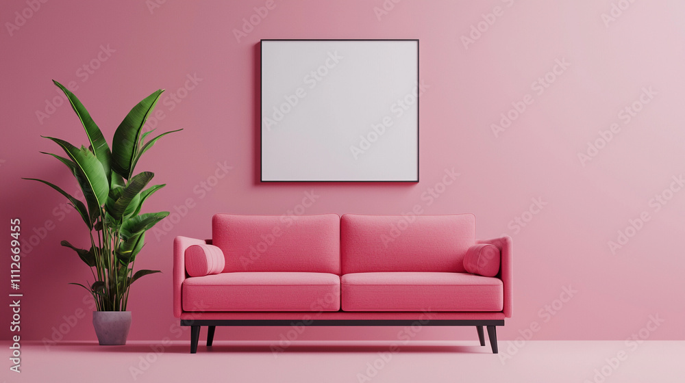 Stylish pink sofa with a potted plant against a matching wall, featuring a blank frame above, perfect for modern interior design concepts. Stylish pink sofa with a potted plant against a matching wall, featuring a blank frame above, perfect for modern interior design concepts.