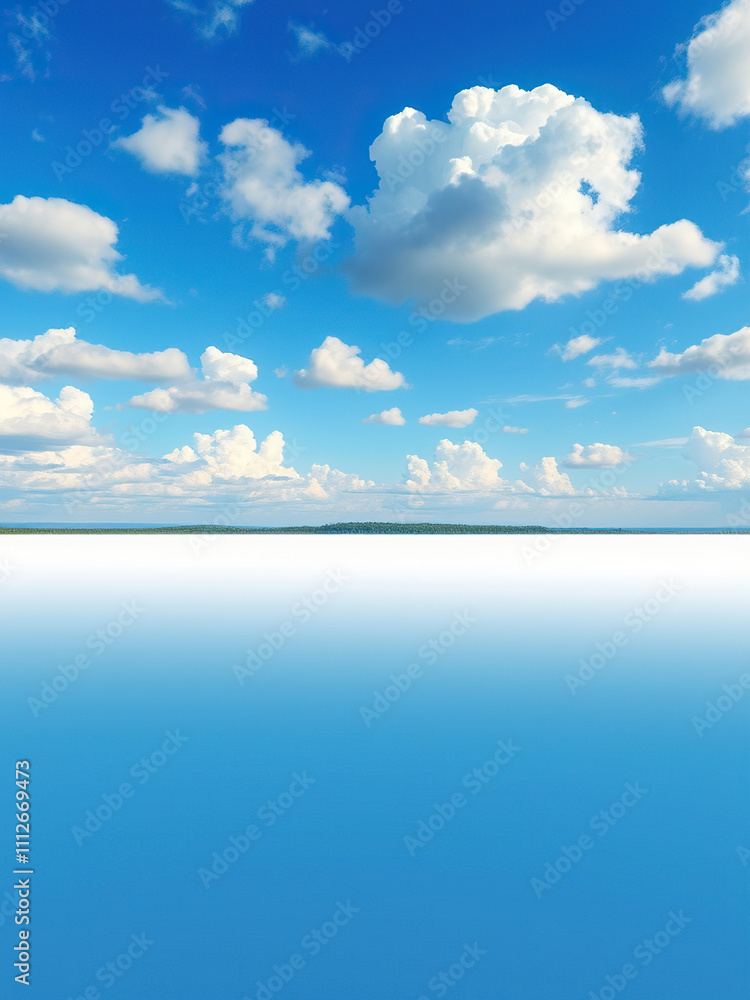 Blue sky with fluffy white clouds stretching over a long rectangular surface with trees on the horizon, calm environment, rectangular surface, blue sky, outdoor scenery, nature scene Blue sky with fluffy white clouds stretching over a long rectangular surface with trees on the horizon, calm environment, rectangular surface, blue sky, outdoor scenery, nature scene