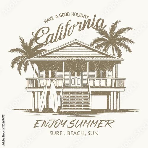 California lifeguard house. Good vibes t-shirt artwork. Palm tree, chair graphic print design. Enjoy summer time vector design. Summer retro graphic print design. Surfing board. Beach paradise. island