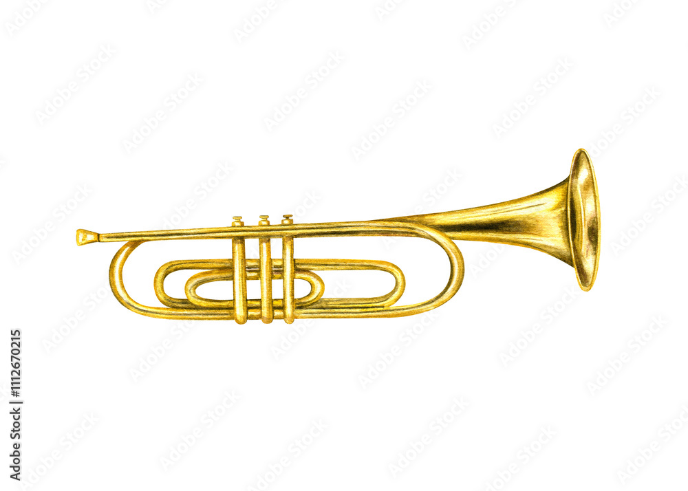 Obraz premium Watercolor musical classical shiny brass trumpet illustration . Hand painted jazz metallic golden instrument object for your design. Side view. Band, orchestra greeting