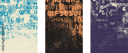 Set of posters with glitch distorted grunge texture. Poster collection texture with halftone dots, glitched shapes, textures and lines .Screen print vector poster pack with grunge textured surface