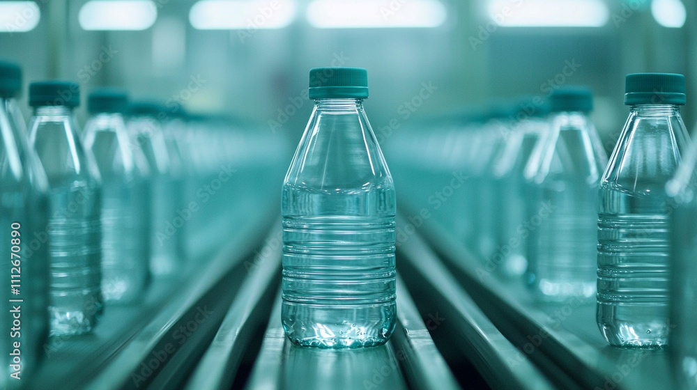 A conveyor belt lined with plastic water bottles in a factory setting, showcasing mass production and industrial processes. A conveyor belt lined with plastic water bottles in a factory setting, showcasing mass production and industrial processes.