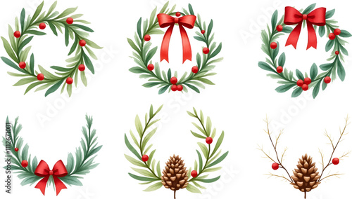 Beautiful watercolor Christmas wreath illustration featuring various festive designs