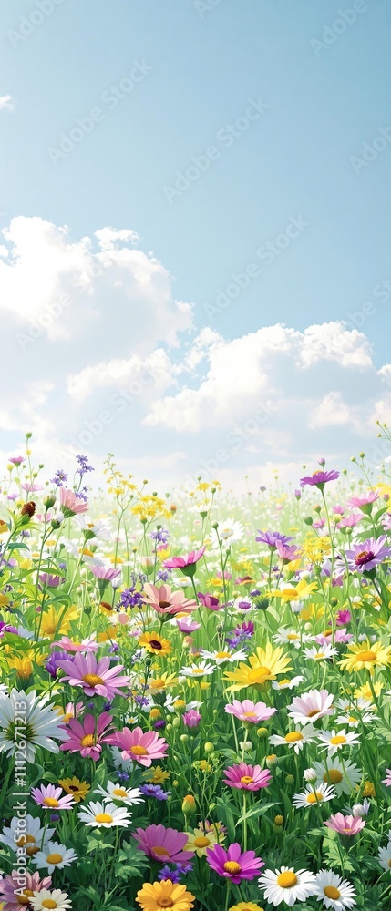 Botanical background of diverse spring wildflowers in a meadow, outdoors, flora, natural Botanical background of diverse spring wildflowers in a meadow, outdoors, flora, natural