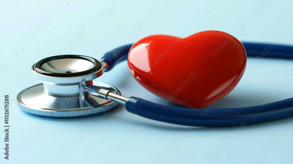A red heart model and stethoscope symbolizing heart health and medical examination on a blue background. A red heart model and stethoscope symbolizing heart health and medical examination on a blue background.