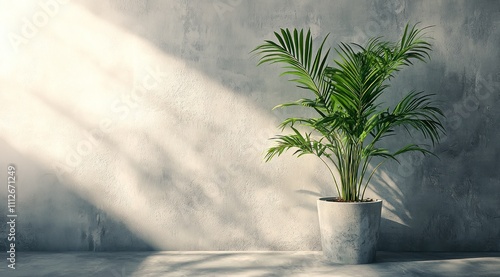 Décoration intérieure, une plante verte en pot devant un mur vide gris, lumière du soleil traversant la pièce et projetant des ombres douces, image avec espace pour texte. photo