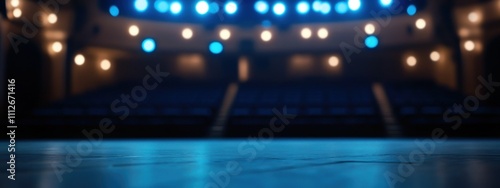 Arrière-plan flou d'un théâtre vide avec des lumières bleues et une scène, fond avec effet bokeh.