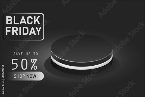Black Friday Sale Concept. Circle black podium, decoration with neon light white round design on dark background. Stage empty for decor for Product, Advertising, Show, Award. Vector illustration.