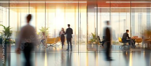 Des femmes d'affaires et des hommes d'affaires marchant dans les bureaux d'une entreprise avec des silhouettes floues au premier plan.