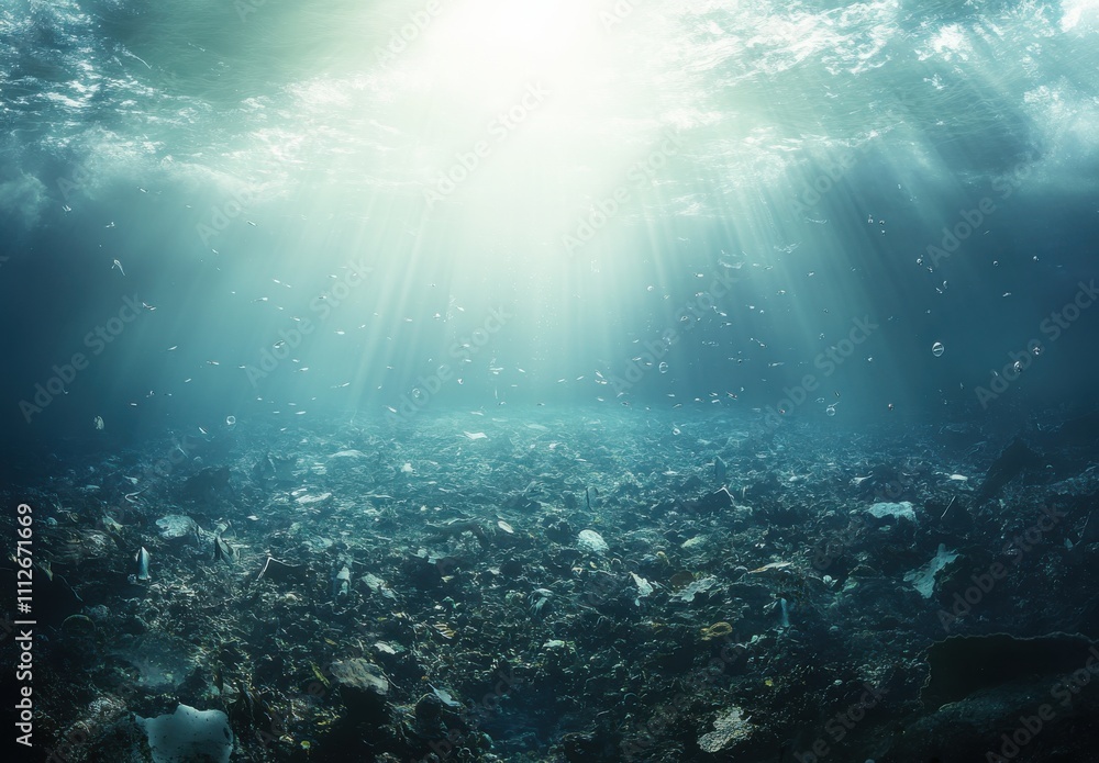Underwater Landscape with Sunlight Streaming Through Ocean Surface Illuminating Coral Reefs and Fish in a Vibrant Marine Environment Underwater Landscape with Sunlight Streaming Through Ocean Surface Illuminating Coral Reefs and Fish in a Vibrant Marine Environment