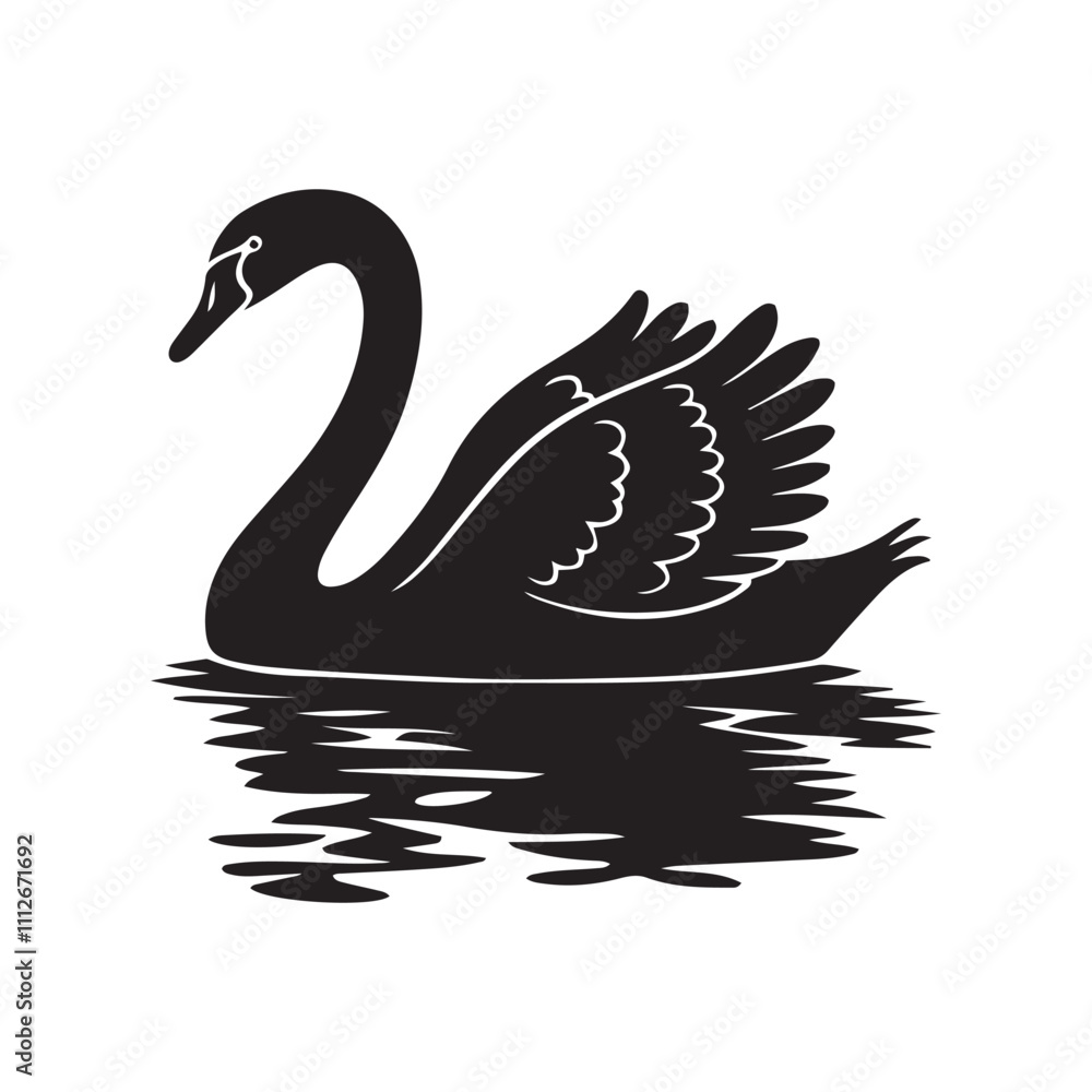 Swan gliding across a lake silhouette vector art black color design and solid white background Swan gliding across a lake silhouette vector art black color design and solid white background