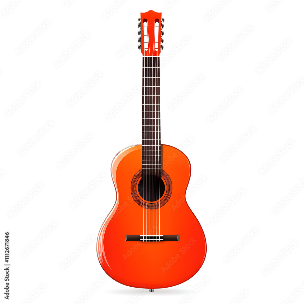 Obraz premium Bright orange classical guitar stands upright against a white background showcasing its vivid color and traditional design
