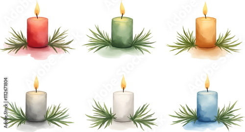 Colorful candles surrounded by greenery for festive decoration in watercolor style