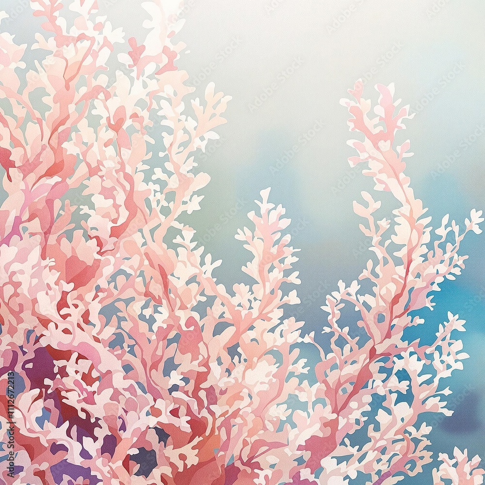Botanical watercolor illustration of pink seaweeds, illustration, natural Botanical watercolor illustration of pink seaweeds, illustration, natural
