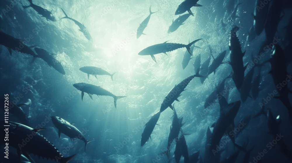 Underwater Scene of Schools of Fish Swimming in Ocean Blue, Showcasing Marine Life in Natural Habitat with Sunlight Filtering Through Water Surface Underwater Scene of Schools of Fish Swimming in Ocean Blue, Showcasing Marine Life in Natural Habitat with Sunlight Filtering Through Water Surface