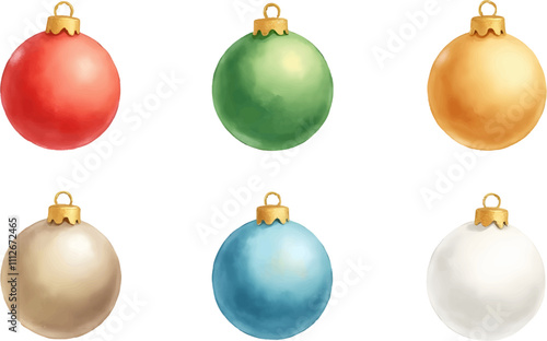 Colorful watercolor illustration of Christmas ornaments arranged in two neat rows
