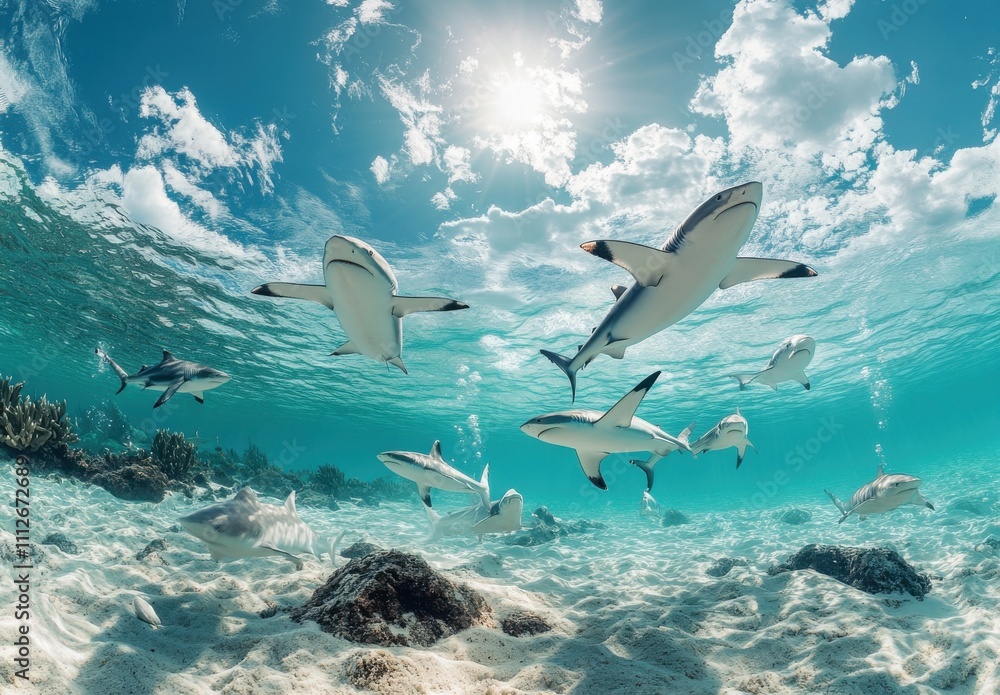 Underwater Scene with Sharks in Crystal Clear Water Illuminated by Sunlight, Showcasing the Vibrant Ocean Habitat and Marine Life Diversity Beneath the Waves Underwater Scene with Sharks in Crystal Clear Water Illuminated by Sunlight, Showcasing the Vibrant Ocean Habitat and Marine Life Diversity Beneath the Waves