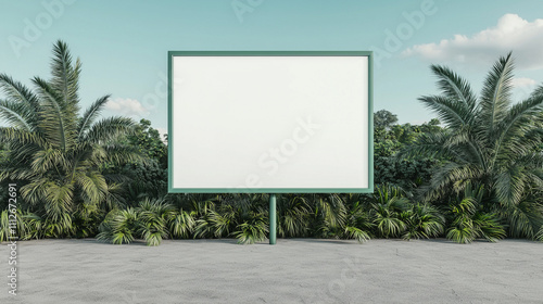 Blank billboard against lush tropical background, perfect for advertising or promotional content.