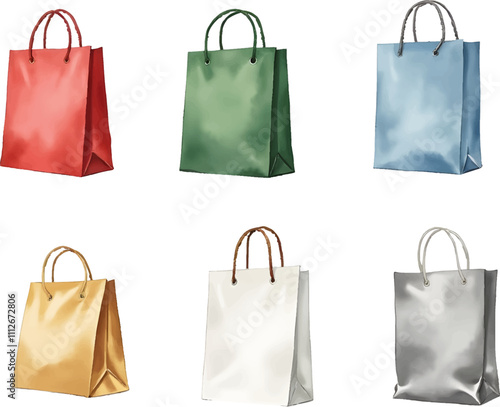 Colorful watercolor style illustration of six festive bags arranged in two rows